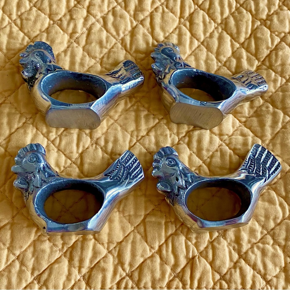 4 Pewter Rooster Napkin Holders
